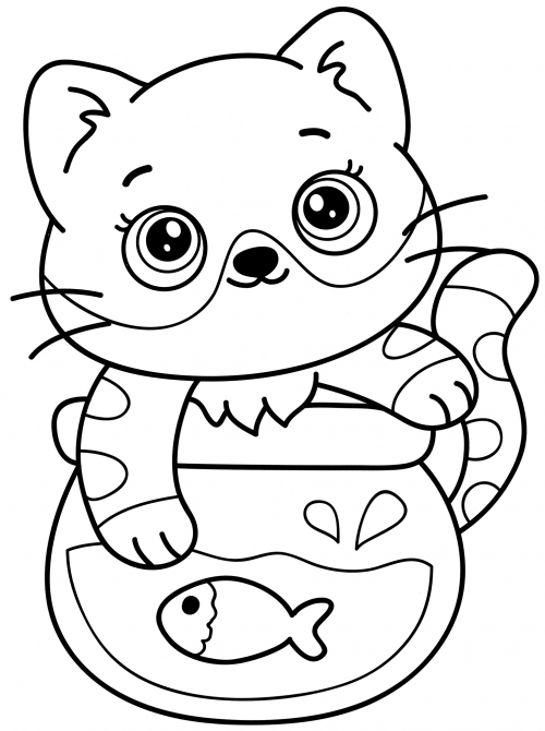 Cat with aquarium coloring page