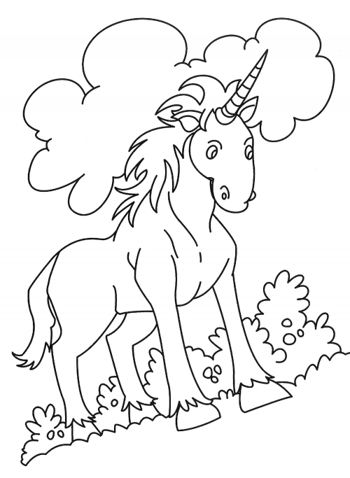 Unicorn on a cloudy background coloring page