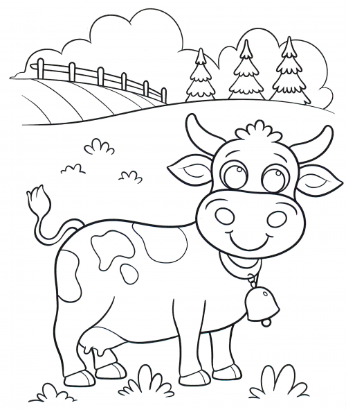 Cow grazing in a meadow coloring page