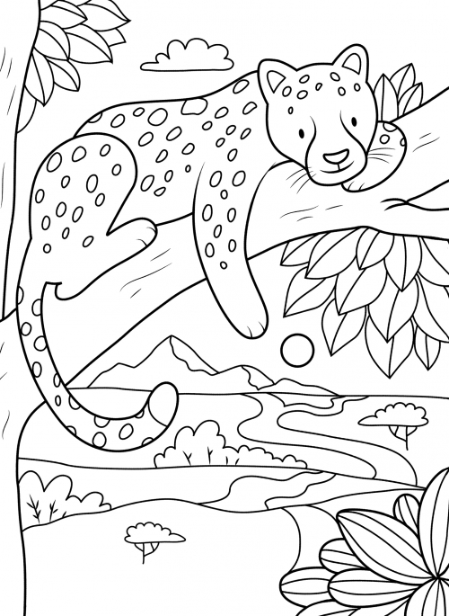 Leopard on a branch coloring page