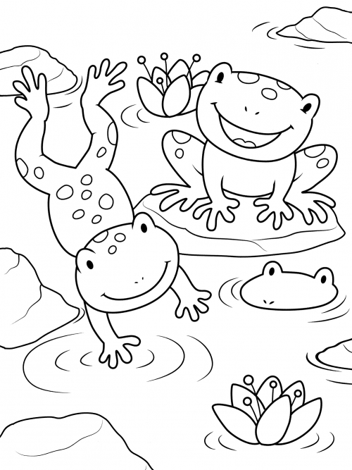 Frogs diving into the water coloring page