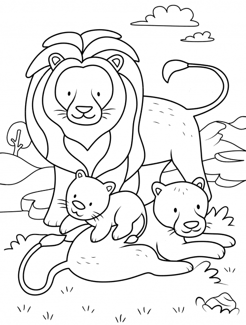 Lion family coloring page