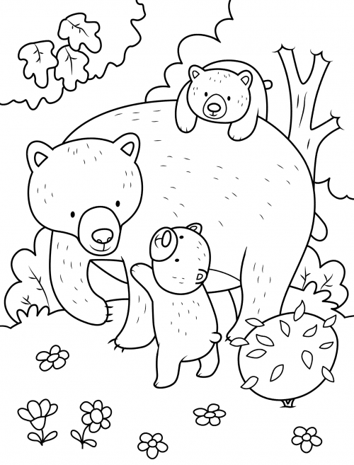 Bear and cubs coloring page