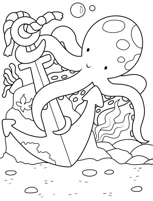 Оctopus playing with an anchor coloring page