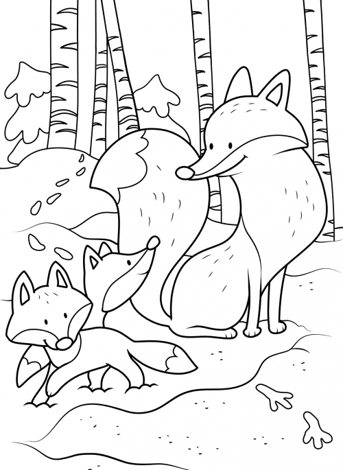Fox and her cubs coloring page