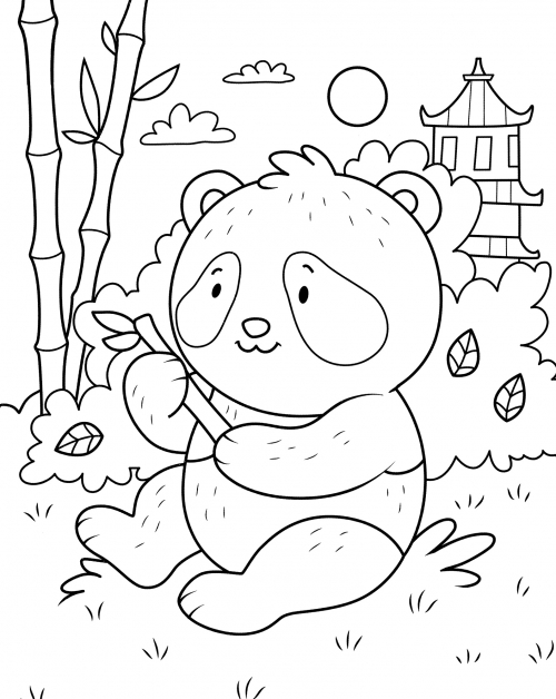 Little panda with bamboo coloring page
