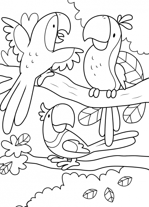 Family of parrots in a tree coloring page