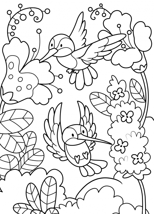 Two hummingbirds at dinner coloring page