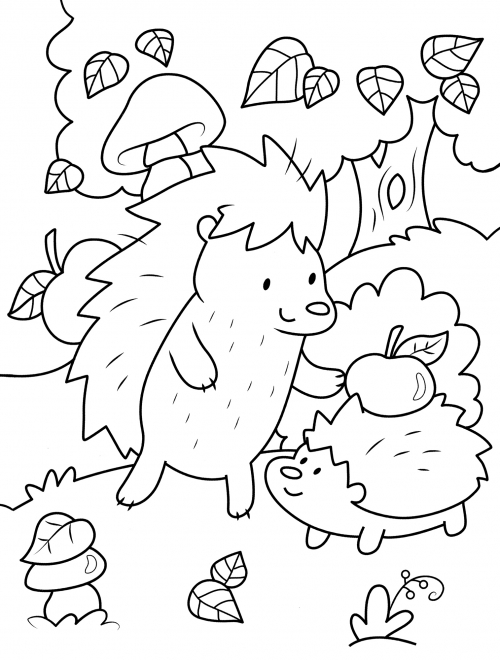 Two hedgehogs in the forest coloring page