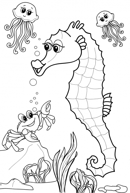 Seahorse and its company coloring page