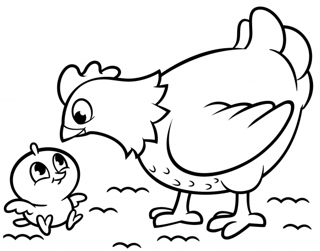 Cute hen and a chicken coloring page