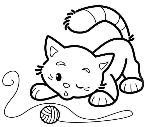 Cat plays with a ball coloring page