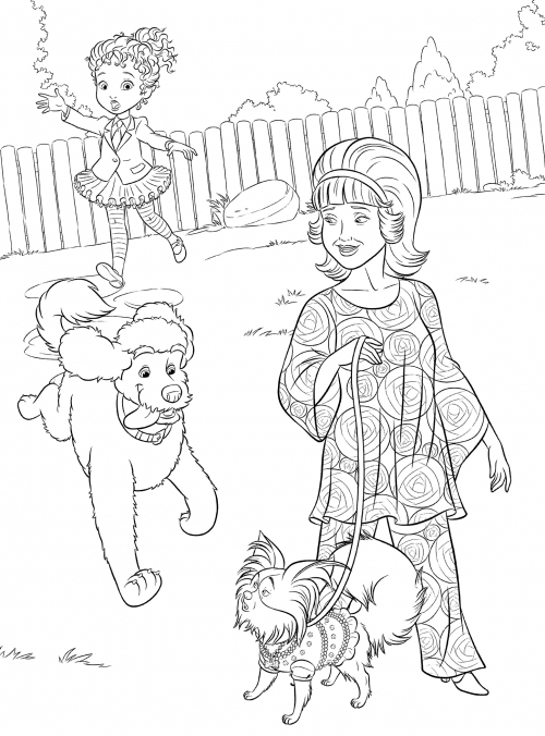 Nancy Clancy walking her dog coloring page