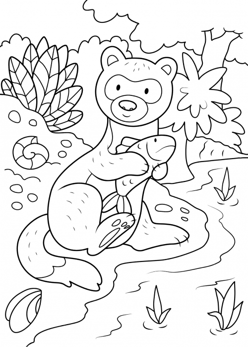 Otter and fish coloring page