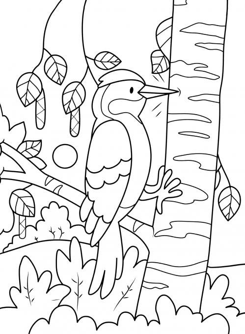 Woodpecker in a tree coloring page