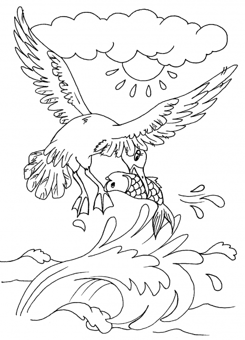 Seagull caught a fish coloring page