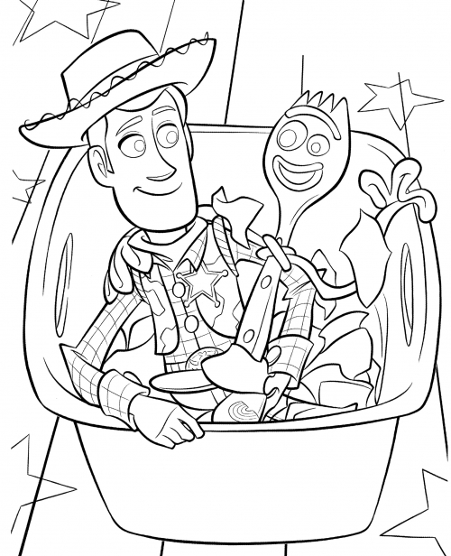 Woody hugs Forky coloring page