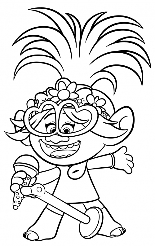 Poppy sings into the microphone coloring page