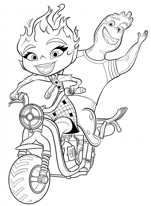 Ember and Wade on a motorbike coloring page
