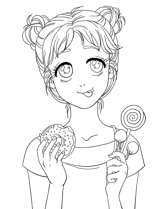 Girl with sweets coloring page