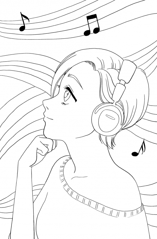 Girl listening to music with headphones on coloring page