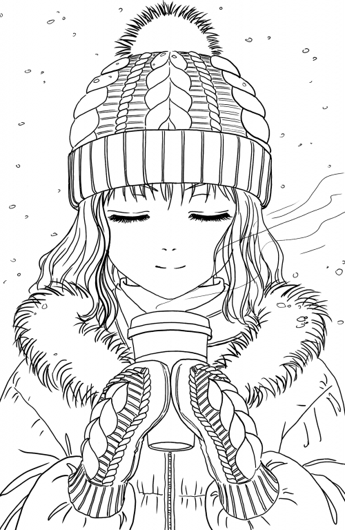 Girl in a winter suit coloring page