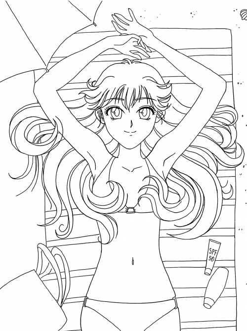 Girl sunbathing on the beach coloring page