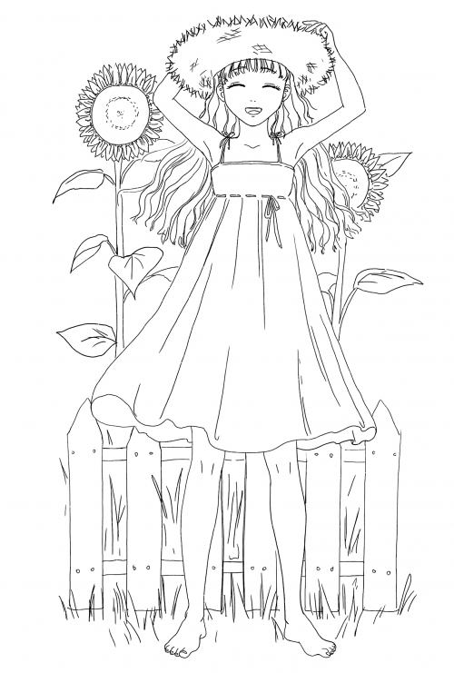 Girl and sunflowers coloring page