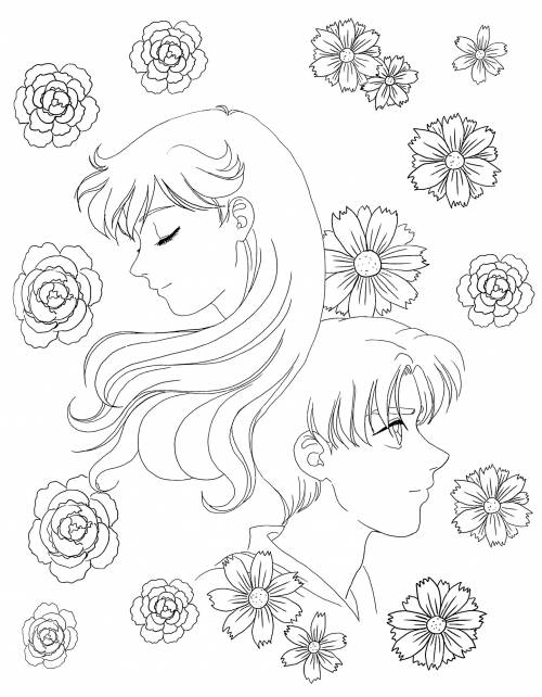 Girl and boy in flowers coloring page