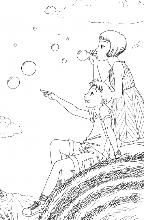 Children playing with soap bubbles coloring page