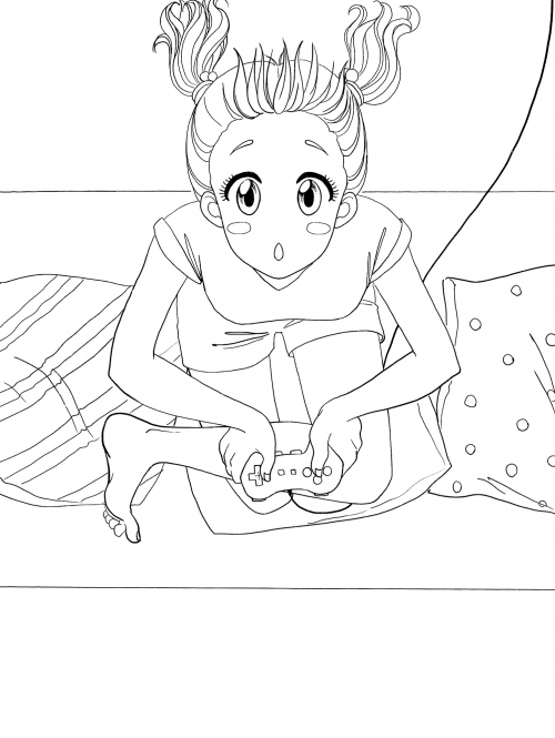 Girl plays video games coloring page