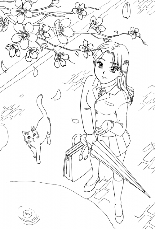 Girl admiring sakura blossoms coloring page