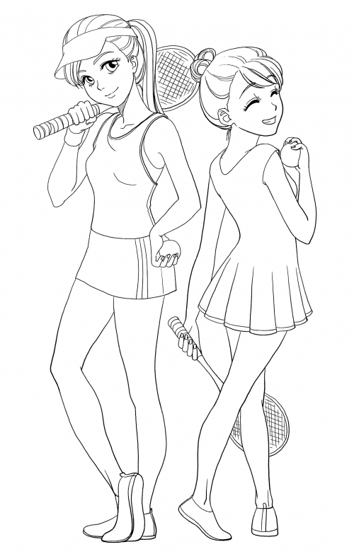 Girls playing tennis coloring page