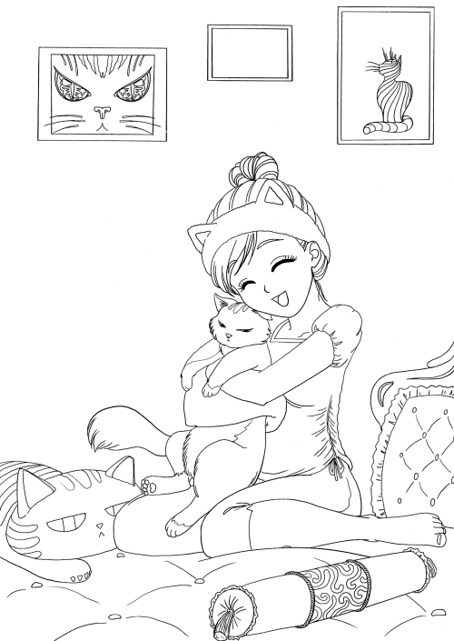 Little girl cuddles her kitty cat coloring page