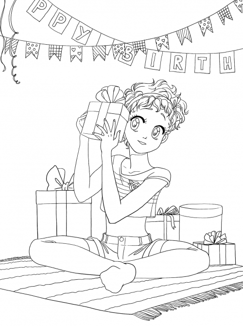 Girl's sorting out her presents coloring page