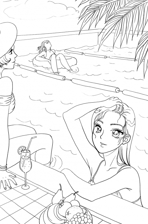 Girls relaxing in the pool coloring page