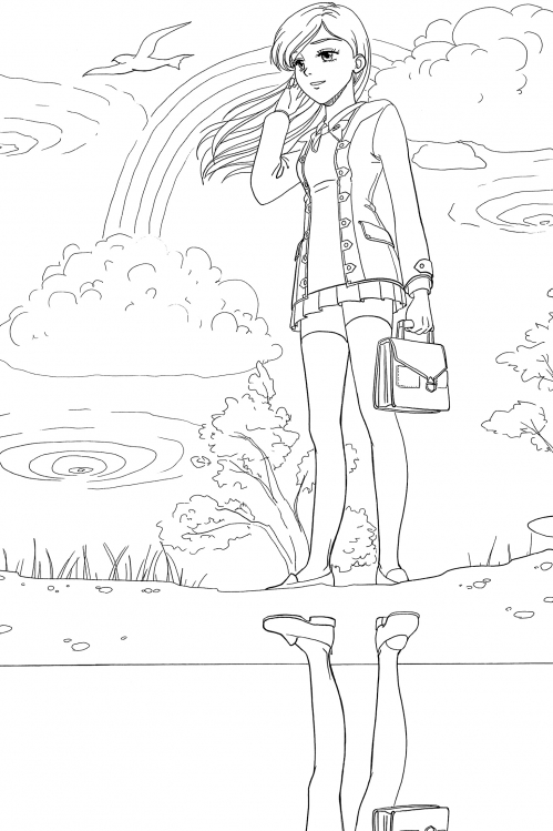 Girl by the lake coloring page