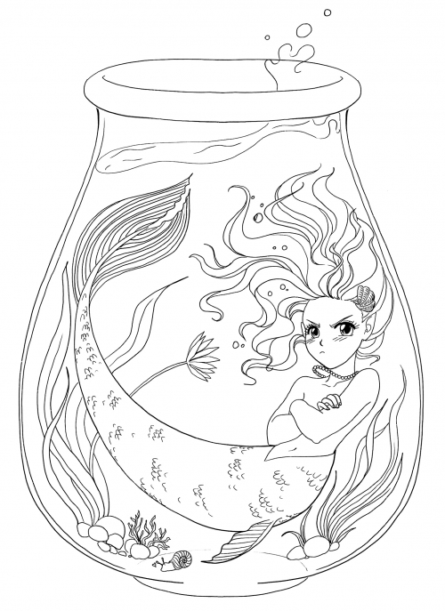 Angry little mermaid in the aquarium coloring page