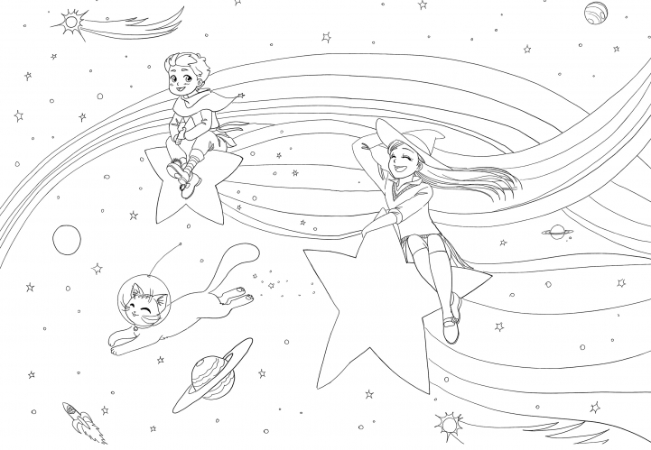 Guys and a cat in space coloring page