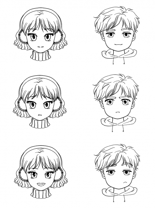 Different emotions of a boy and a girl coloring page