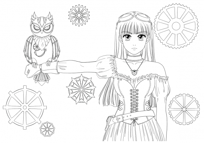 Anime girl with an owl coloring page