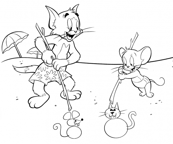 Tom & Jerry drawing on the sand coloring page
