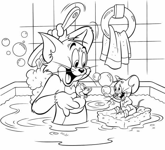 Tom & Jerry are taking a bath coloring page