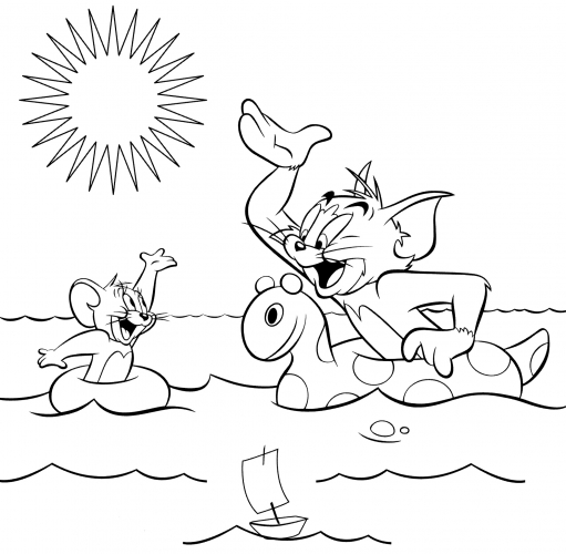 Tom & Jerry are swimming in the sea coloring page