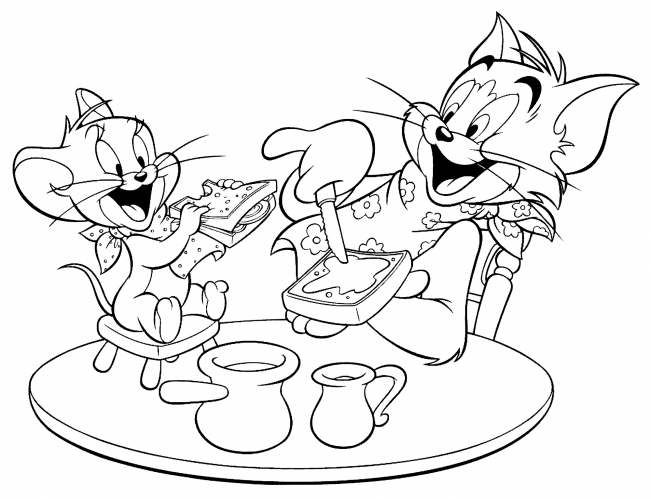 Tom and Jerry are having breakfast coloring page