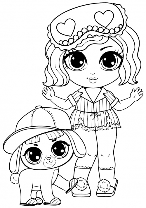 Girl and dog in caps coloring page