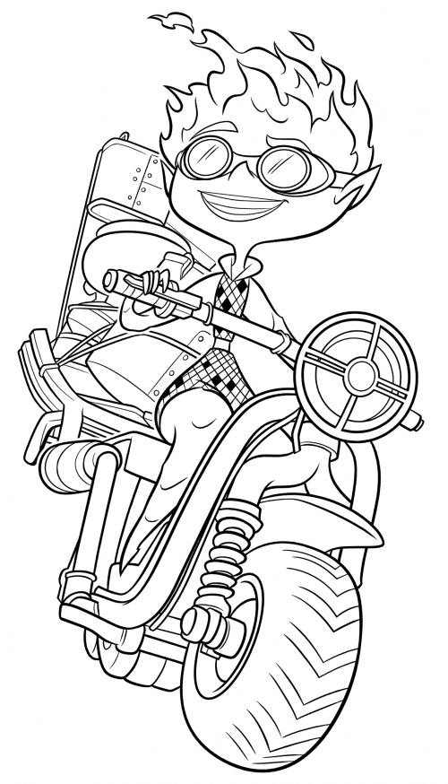 Ember on a motorbike coloring page