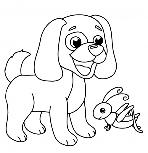 Puppy guarding a grasshopper coloring page