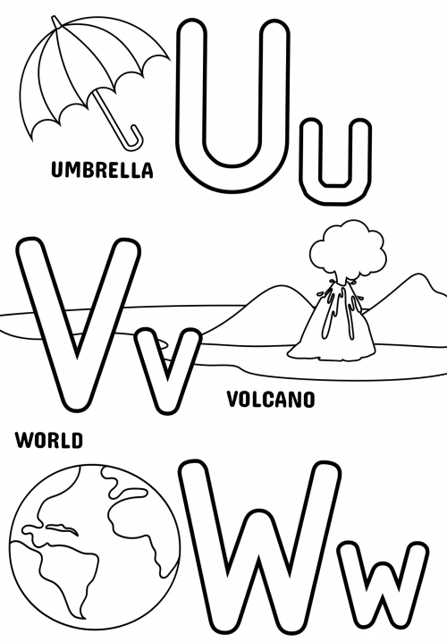 Letters U, V and W coloring page