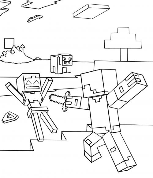 Steve fights a skeleton coloring page